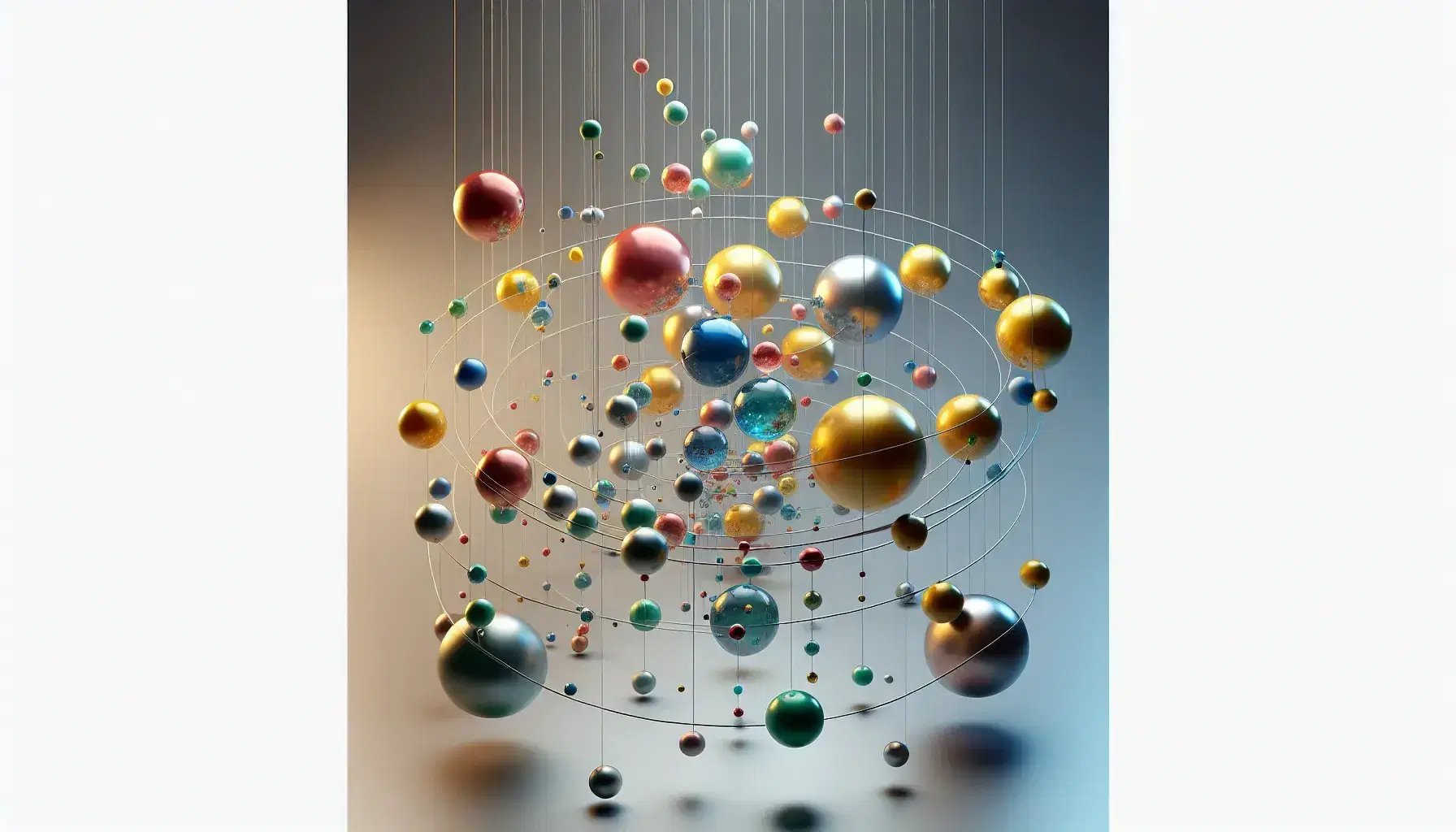 Sfere colorate sospese a varie altezze con fili trasparenti su sfondo neutro, alcune dorate al centro, riflettono la luce creando un effetto tridimensionale.