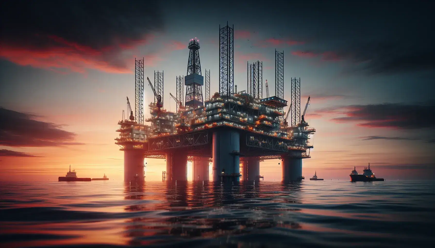 Piattaforma petrolifera offshore al tramonto con torri metalliche, riflessi arancioni sul mare calmo e luci di sicurezza accese.