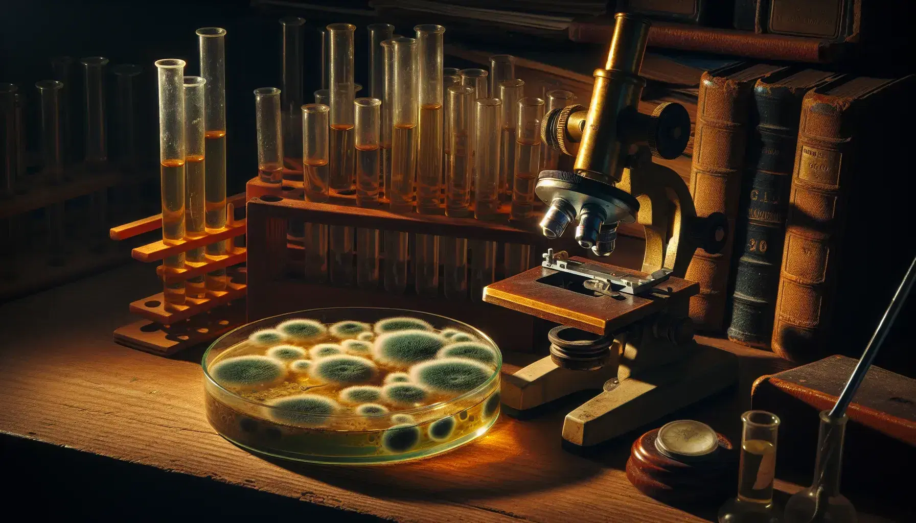 Vintage laboratory setting with a wooden benchtop featuring a Petri dish with greenish-blue mold, brass microscope, and test tubes in a rack.