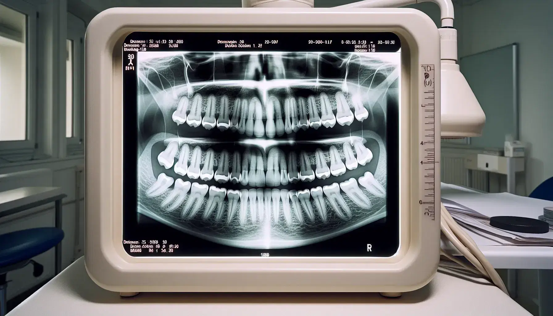 Radiografías dentales en visor luminoso mostrando dientes superiores e inferiores con estructuras óseas, guantes de látex y caja oscura en mesa.