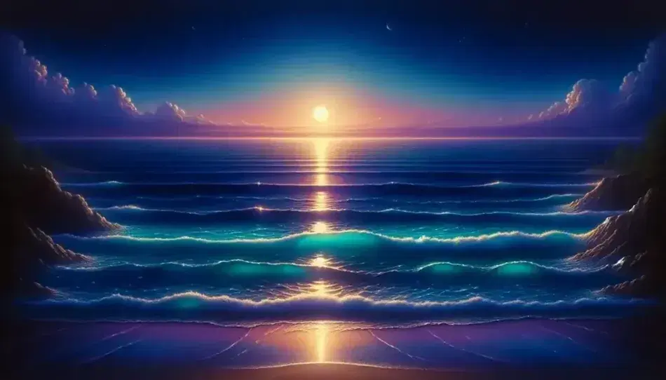Seascape at dusk with light waves, purple-indigo sky, setting sun, crescent moon and emerging stars on sandy beach.