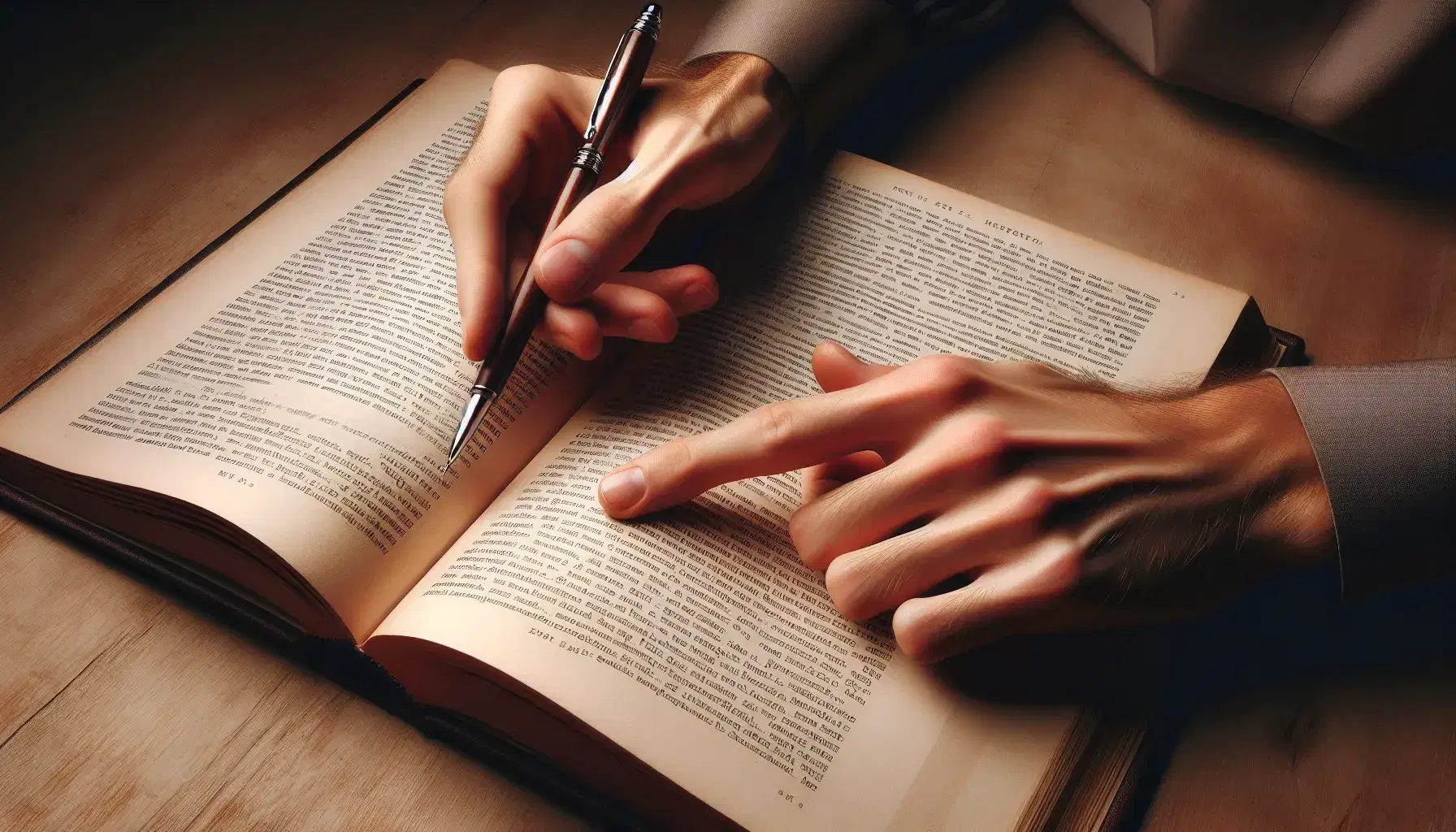Close-up of hands on an open book, left index finger tracking text, right hand holding a pen, ready to annotate, on a wooden desk.