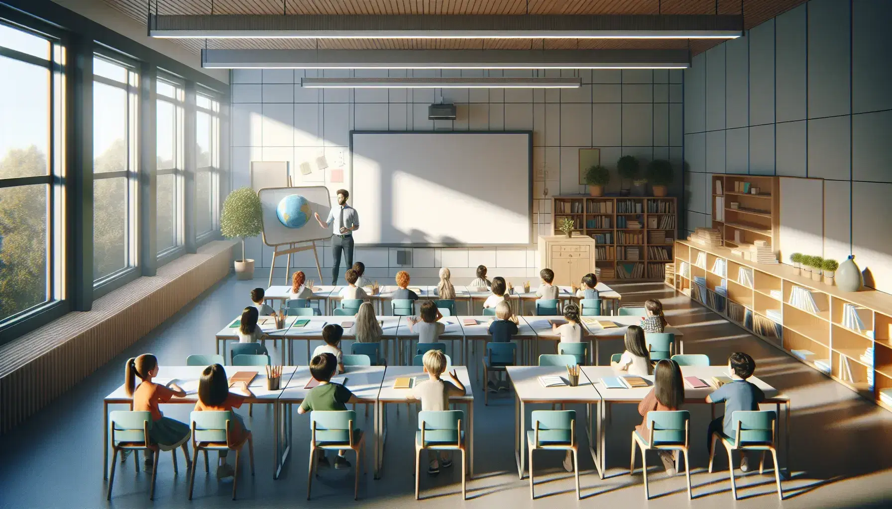 Aula escolar iluminada con mesas y sillas azules, niños atentos y un adulto explicando cerca del pizarrón, libros y globo terráqueo al fondo.