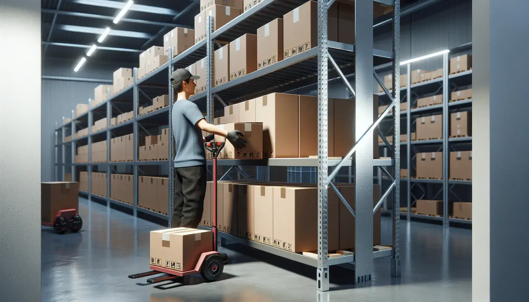 Trabajador en almacén colocando cajas de cartón en estantería metálica, con carretilla manual roja al fondo, en ambiente interior iluminado.