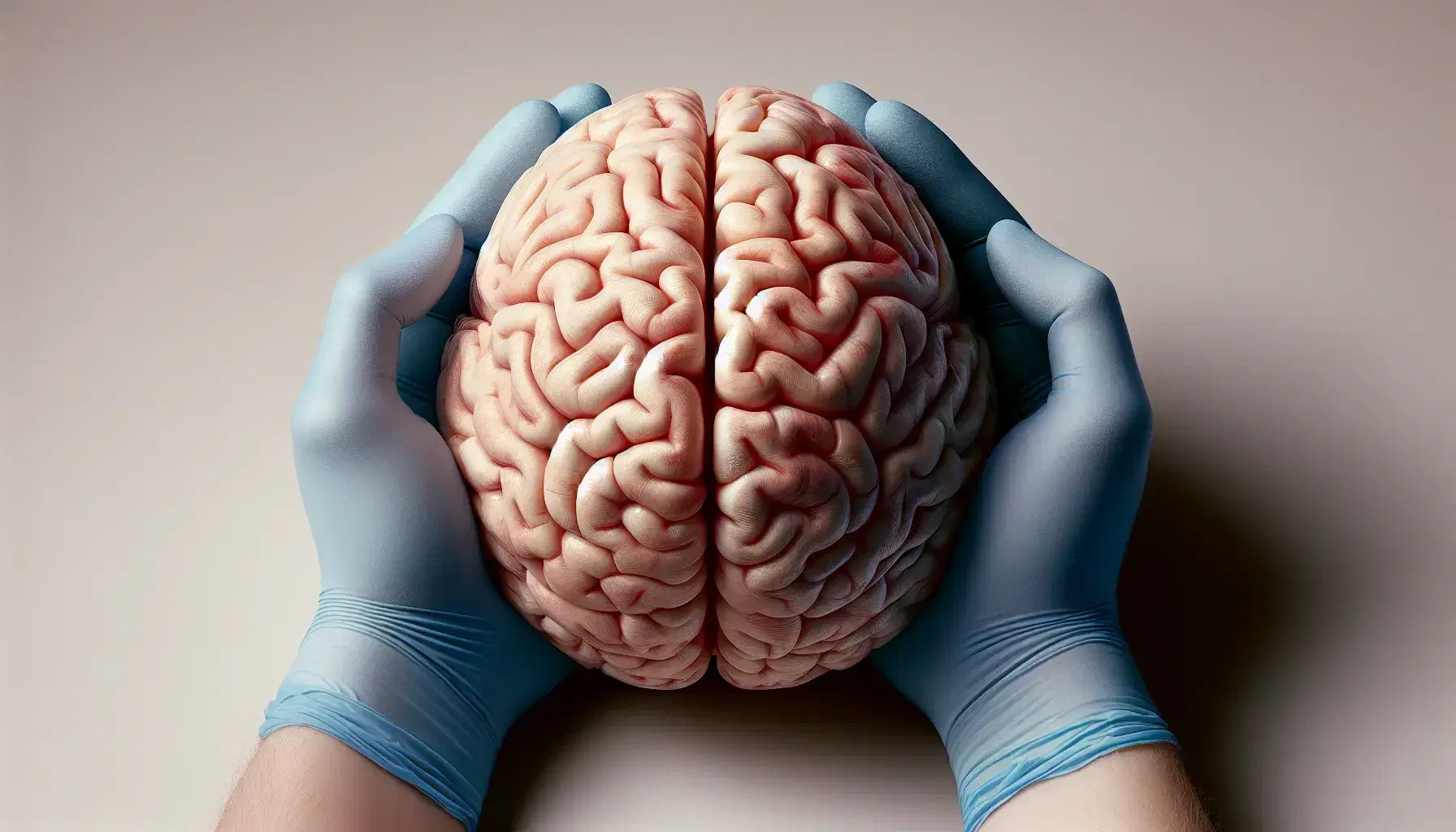 Detailed model of human brain with hands in blue surgical gloves gently supporting it on neutral blurred background.