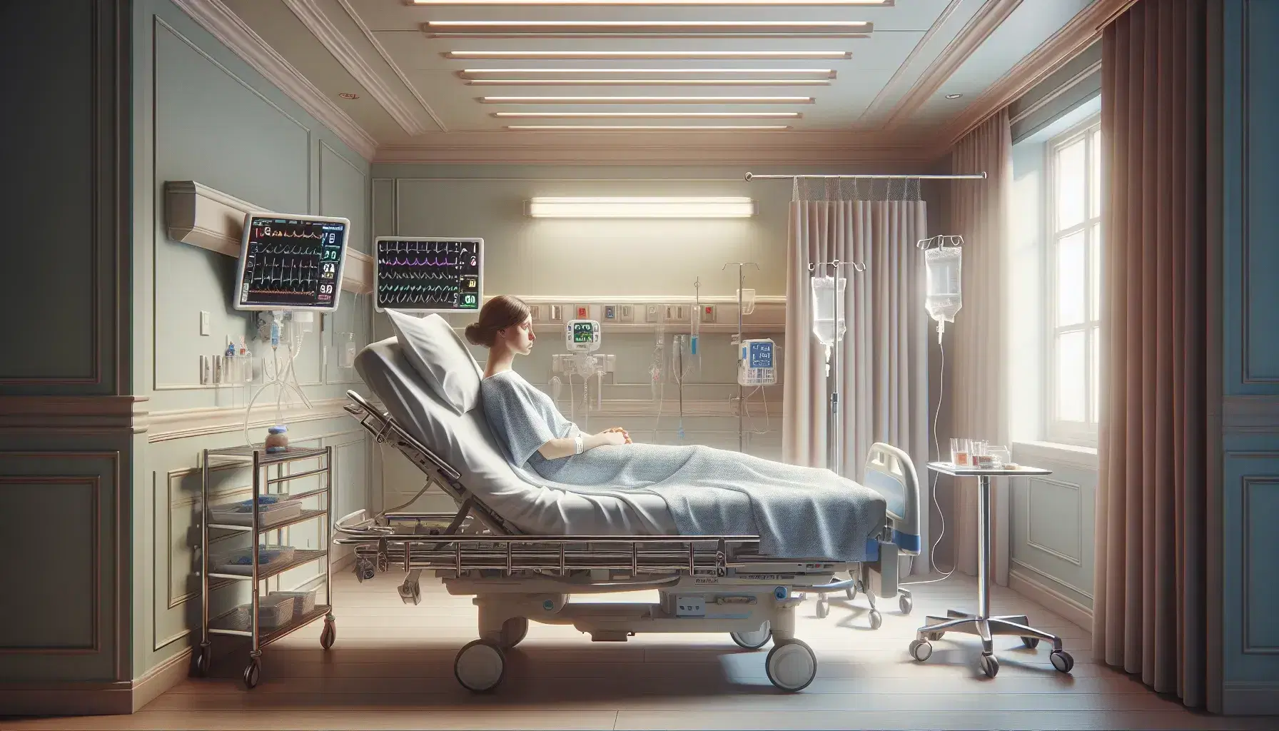 Habitación de hospital con mujer en cama, monitor de signos vitales y mesa con instrumentos quirúrgicos, ambiente sereno y luz natural.