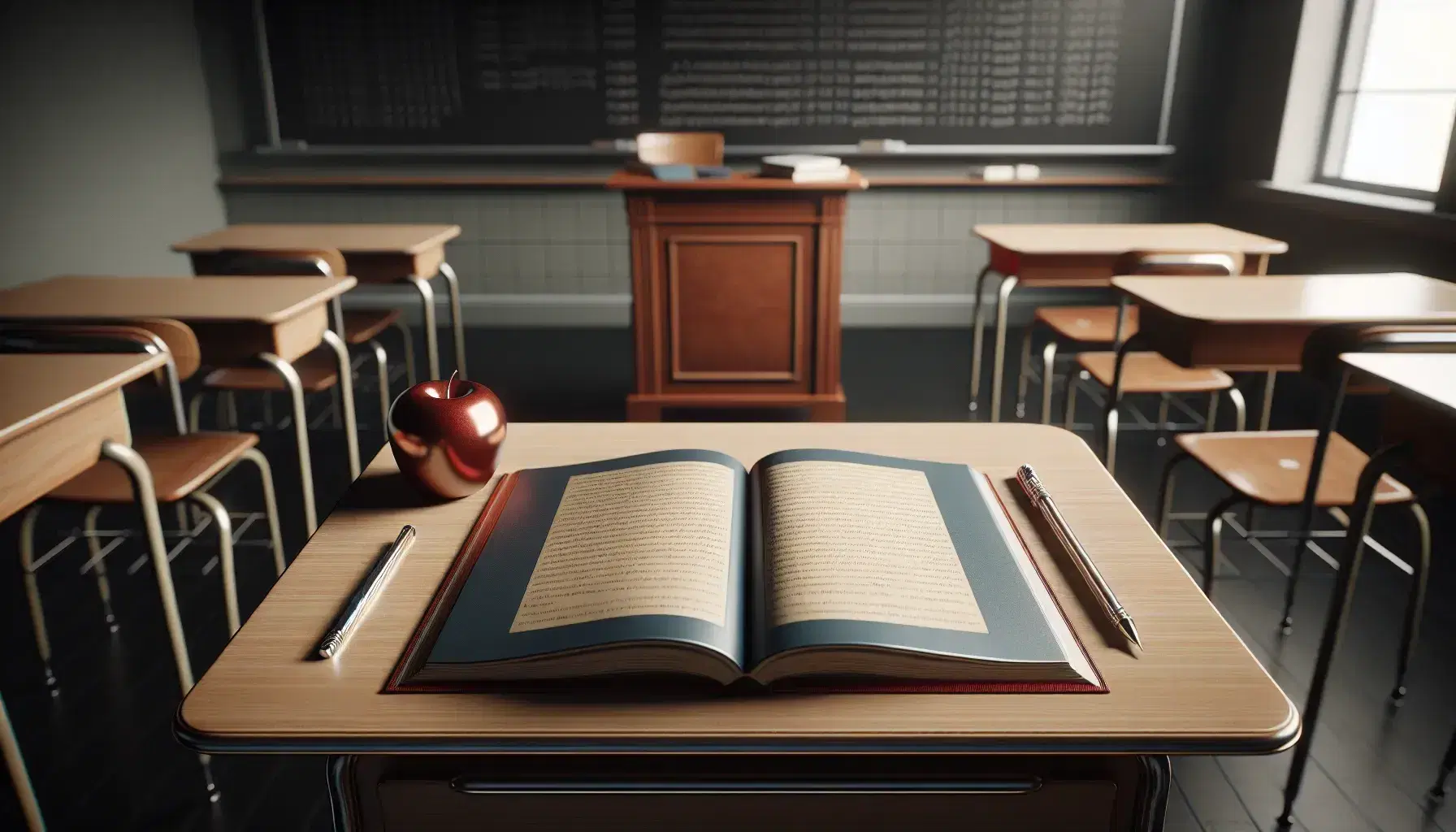 Empty classroom with teacher's desk displaying an open textbook and red apple, student desk with notebook and pencil, and rows of desks with blue chairs.