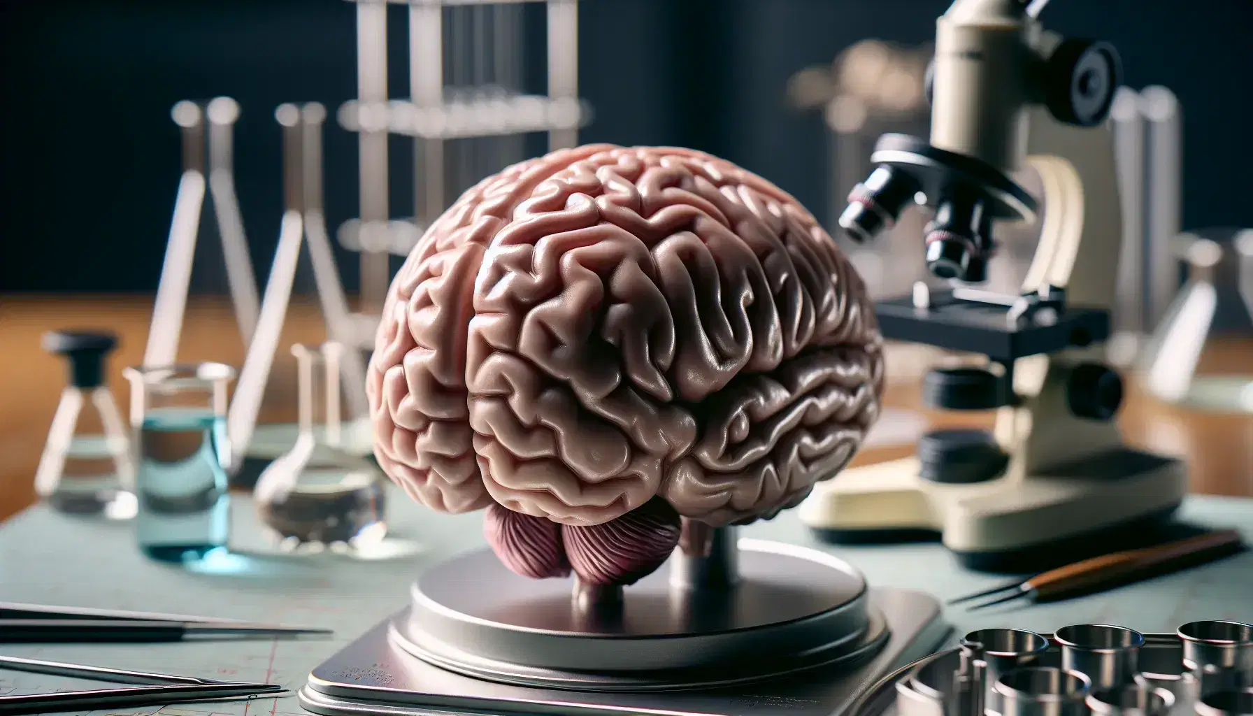 Detailed anatomical model of human brain with visible hemispheres, sulci and gyri, cerebellum and laboratory instruments blurred in the background.