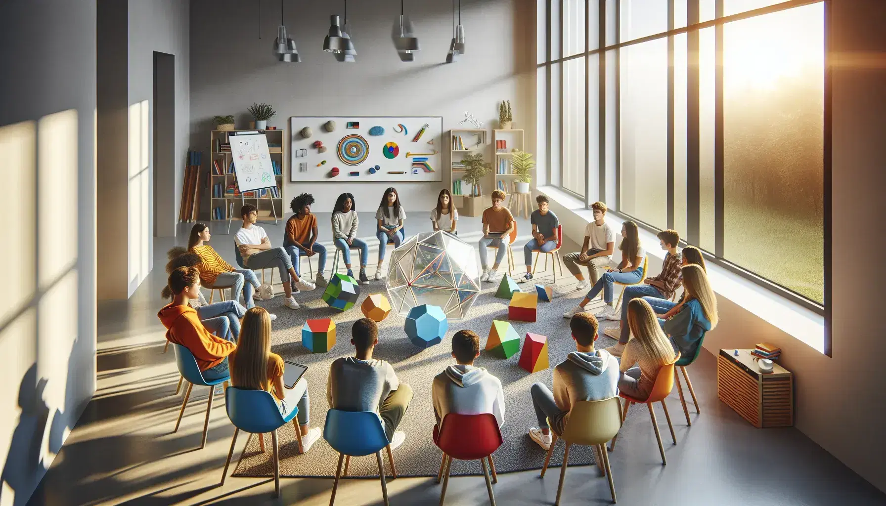 Studenti multietnici seduti in cerchio su sedie colorate in aula luminosa con oggetti didattici al centro e luce naturale.