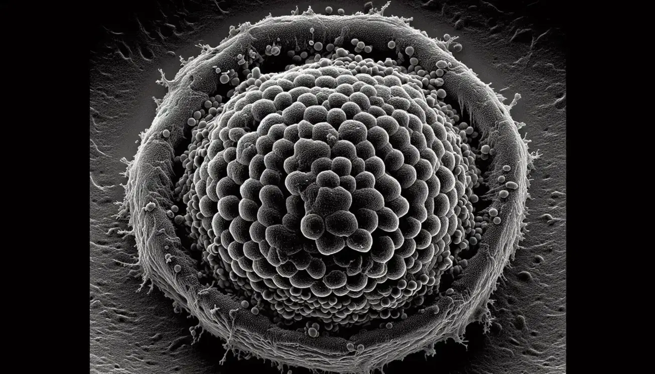 Micrografía electrónica de transmisión en blanco y negro mostrando el detalle del envoltorio nuclear de una célula eucariota, con poros nucleares y nucleolo visibles.