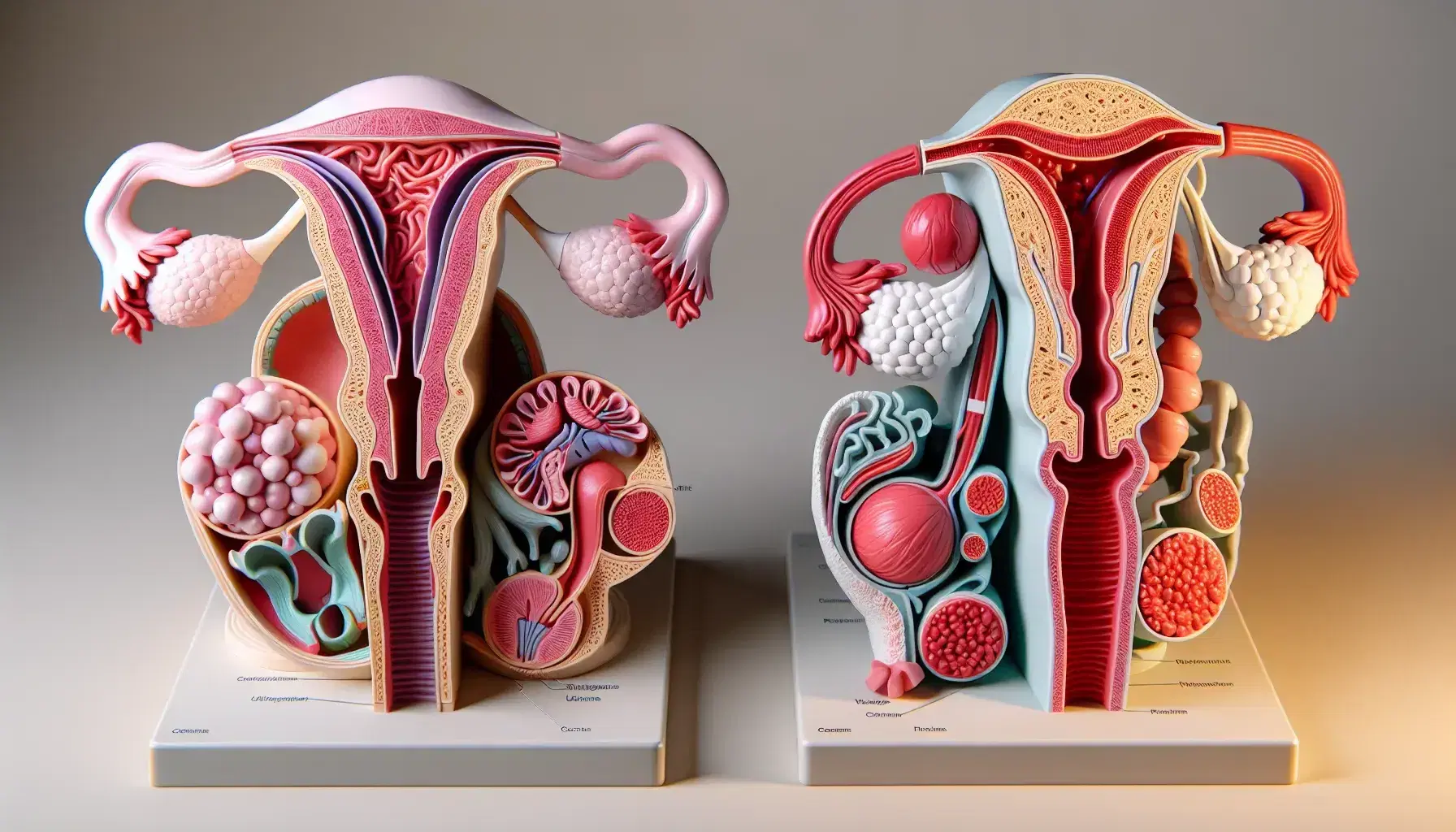 Modelos anatómicos detallados del sistema reproductivo femenino y masculino en colores, mostrando órganos internos y externos sobre superficie neutra.