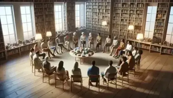 Grupo diverso de personas en biblioteca participando en una discusión académica, rodeando una mesa con libros, en un ambiente iluminado y acogedor.