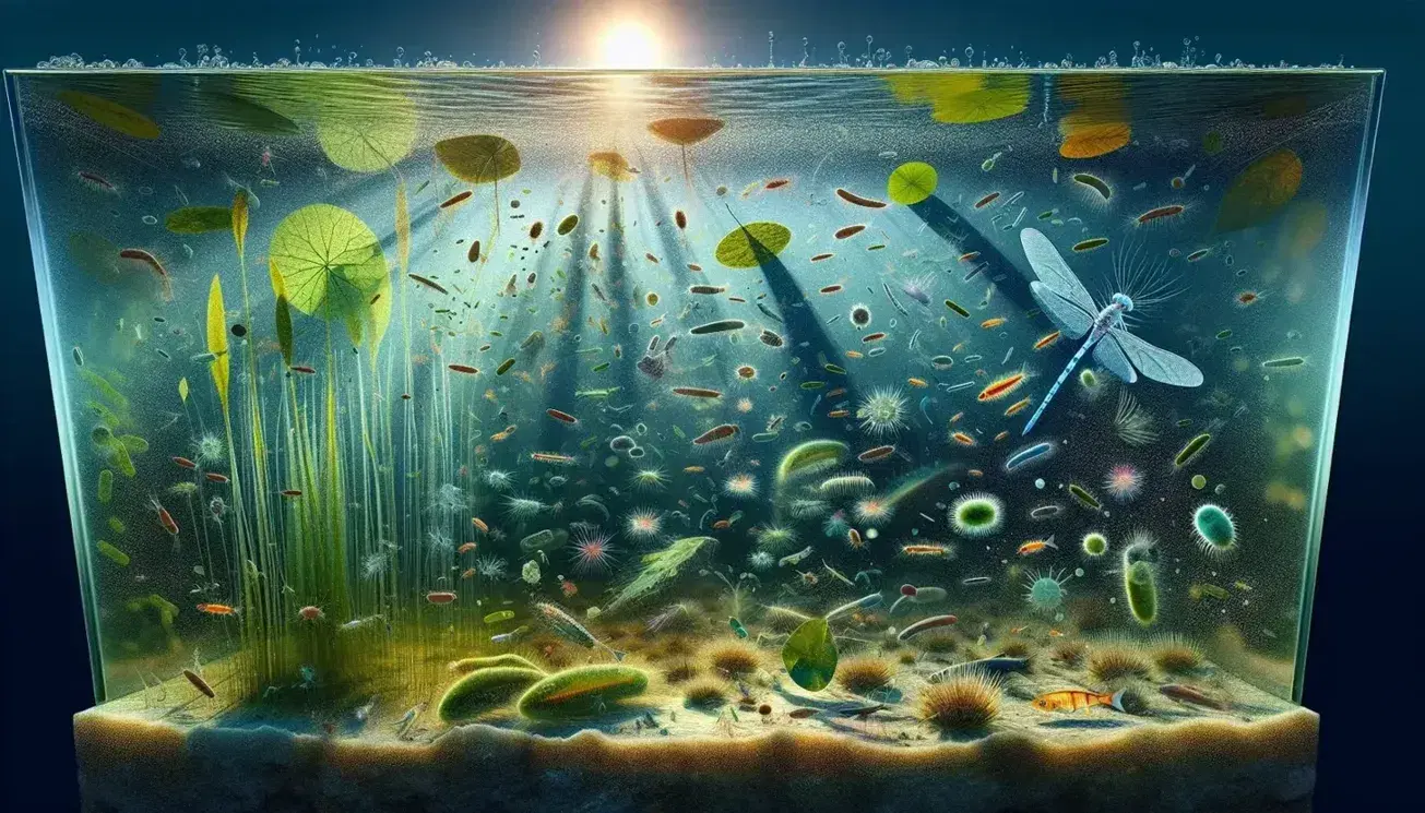 Ecosistema acuático con protozoos y algas microscópicas, peces de colores entre plantas acuáticas, libélula en superficie y sedimentos en el fondo.