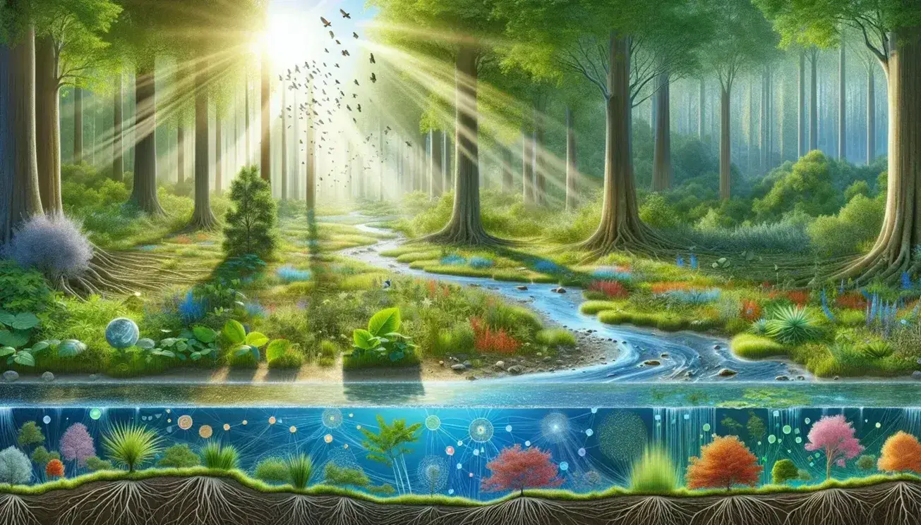 Sunlit forest ecosystem with a stream, green plants, dense trees, birds in flight, and a deer feeding, illustrating energy flow through nature.