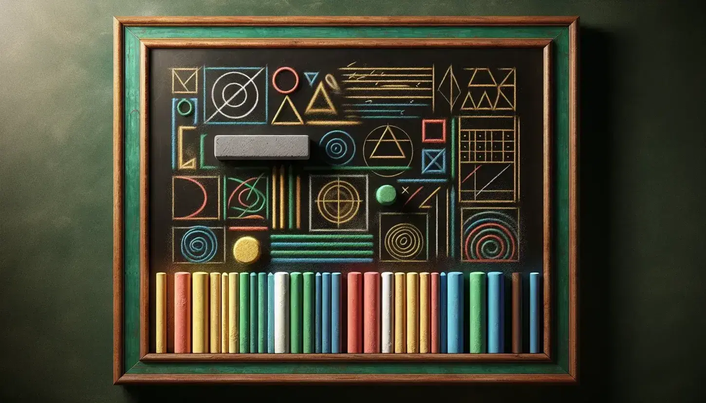 Pizarra verde oscuro con marco de madera y tizas de colores usadas y borrador gris, mostrando figuras geométricas abstractas y trazos vibrantes.