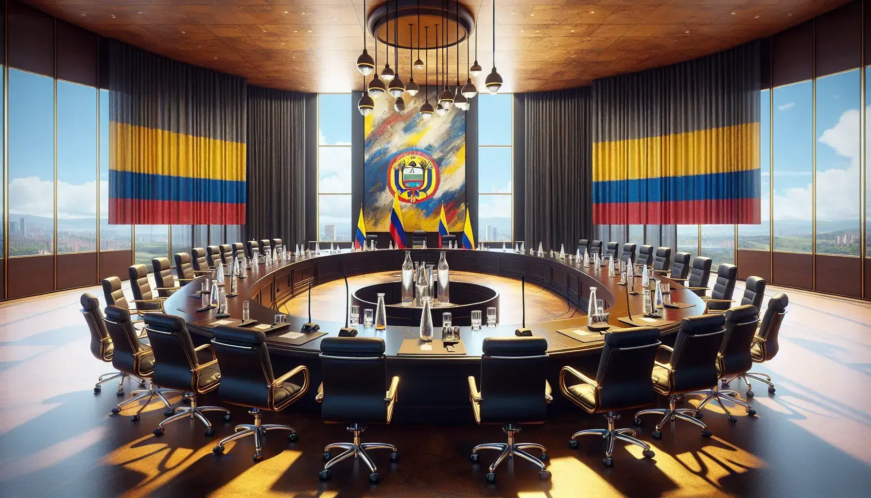 Sala de conferencias iluminada con mesa ovalada de madera, sillas de cuero negro, micrófonos, bandera de Colombia y pintura abstracta.