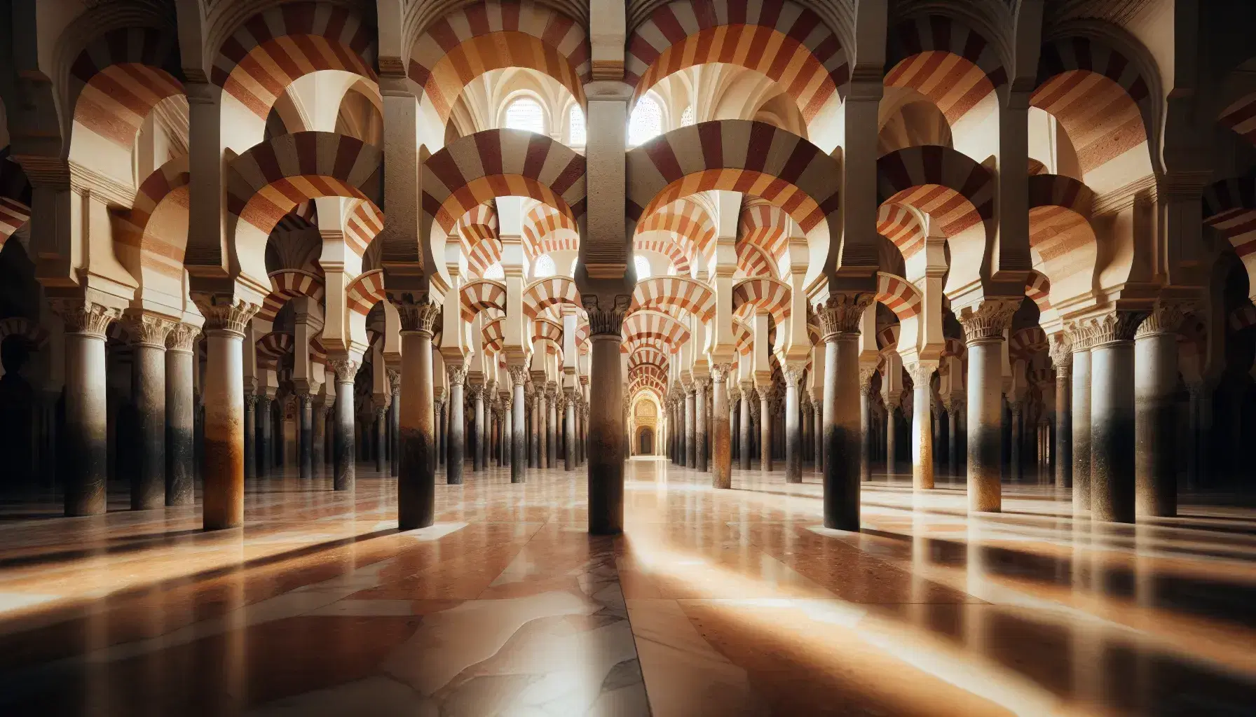 Vista interior de la Mezquita de Córdoba con columnas de mármol y arcos bicolores en perspectiva, iluminación natural y suelo pulido.