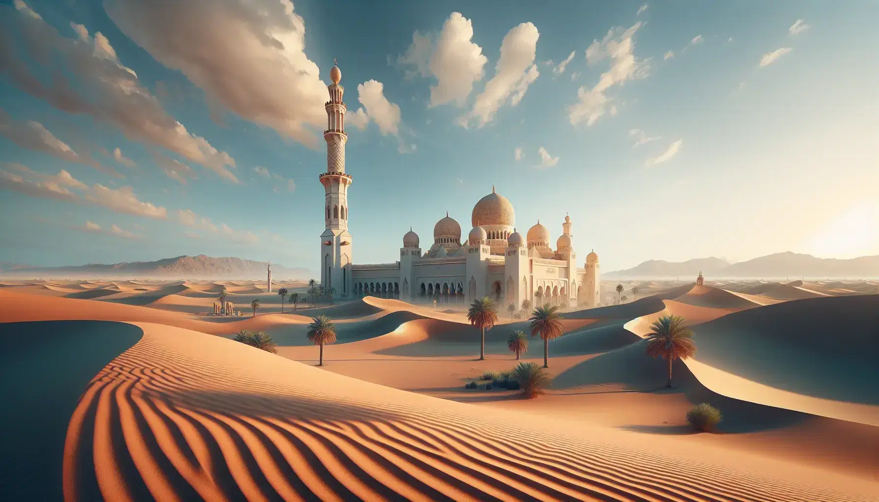 Paesaggio desertico con dune ocra, moschea tradizionale con minareto e cupola, palme e montagne sullo sfondo sotto cielo azzurro.