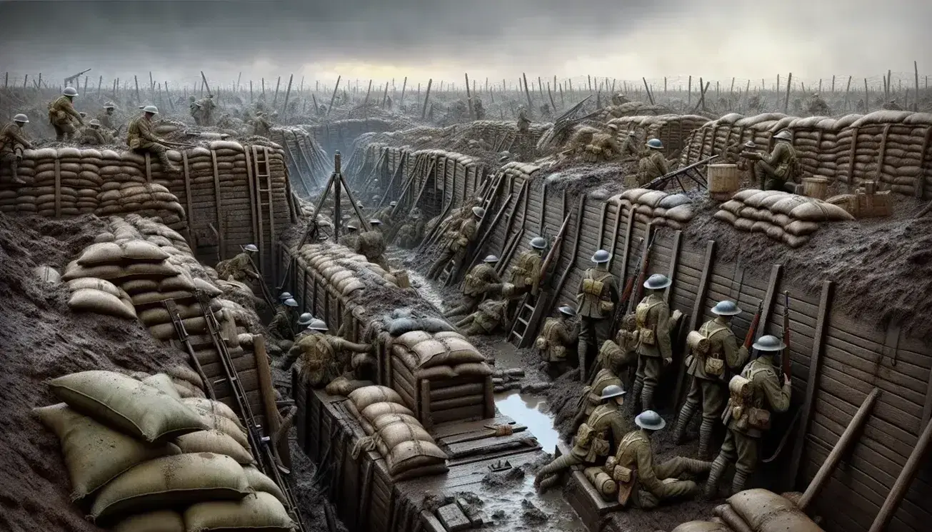 World War I trench warfare scene with soldiers in olive uniforms, muddy trenches lined with duckboards and sandbags, under a bleak overcast sky.