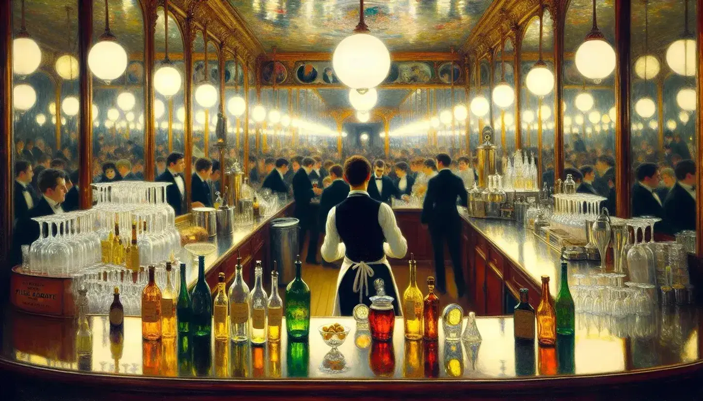 Interno del cabaret Folies-Bergère con barista, bancone lucido, bottiglie colorate e specchio che riflette la folla sfocata.