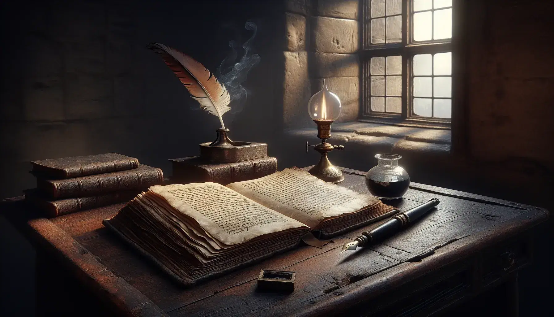 Scrivania antica in legno scuro con libro aperto, penna d'oca e calamaio, accanto a una lampada a olio accesa, vicino a una finestra semiaperta.
