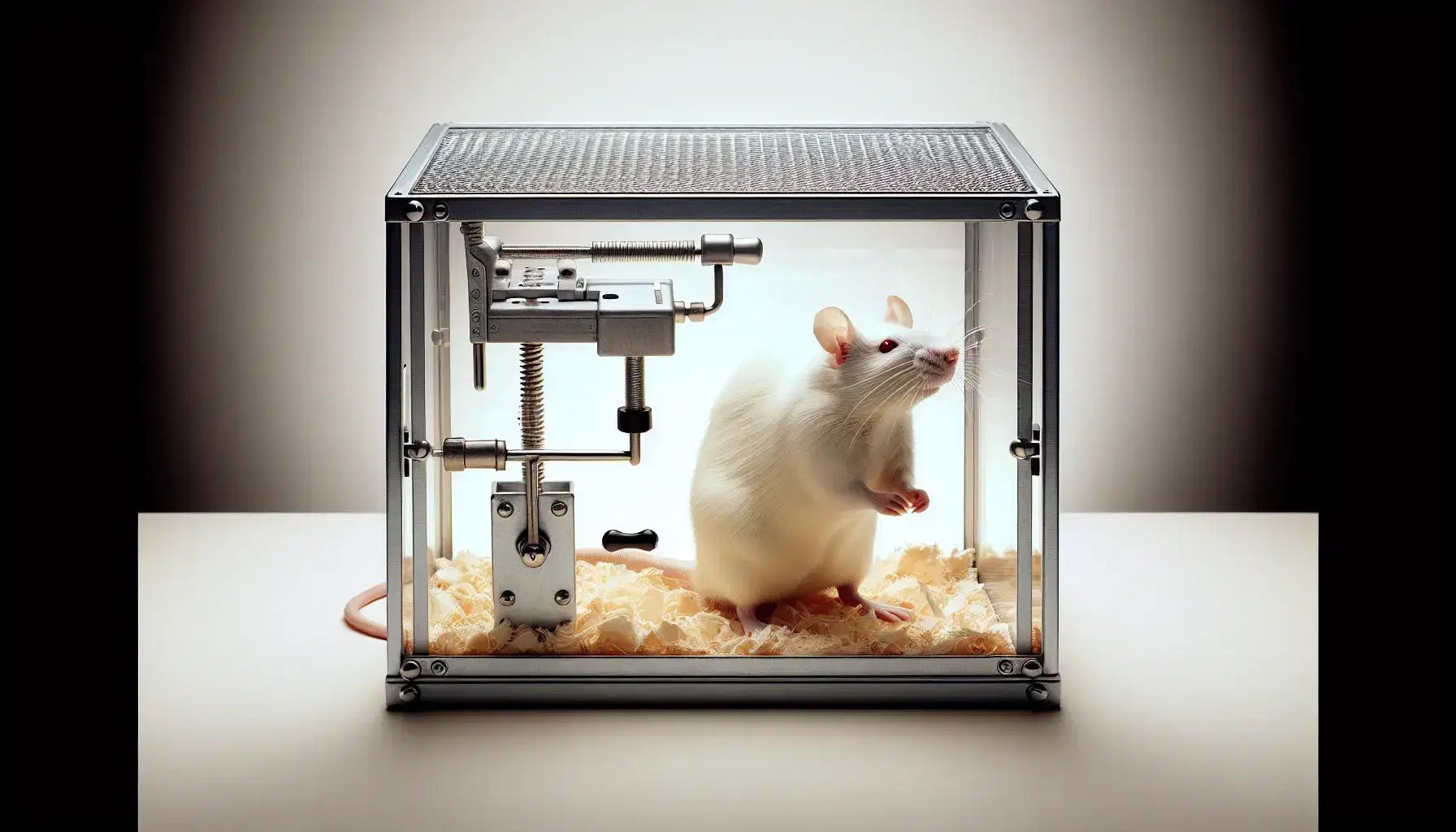 Rata de laboratorio blanca en una caja de Skinner con palanca metálica y dispensador de comida, sobre mesa de laboratorio.