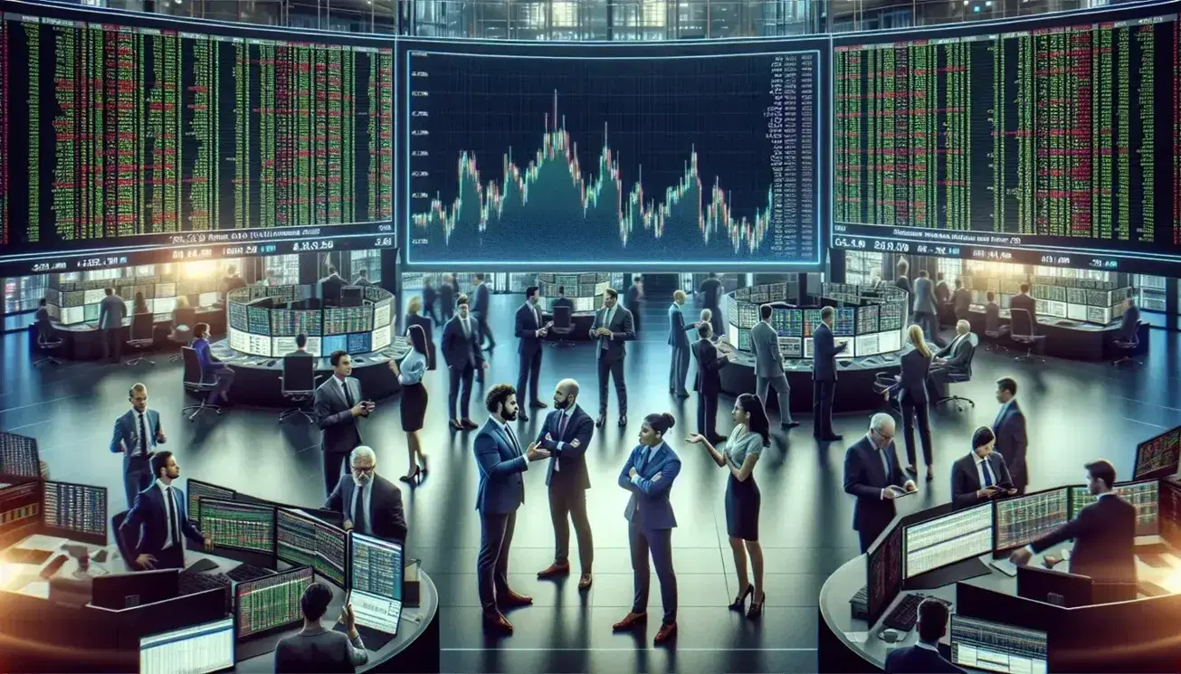 Diverse stock traders actively working on a busy exchange floor with a prominent digital stock ticker displaying green and red bars.