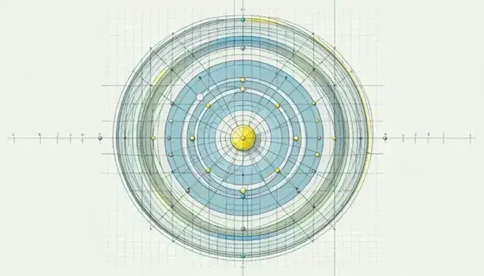 Geometric design with a central blue circle, two tangent yellow and green circles inside, black lines intersecting with red dots, on a light gray grid background.