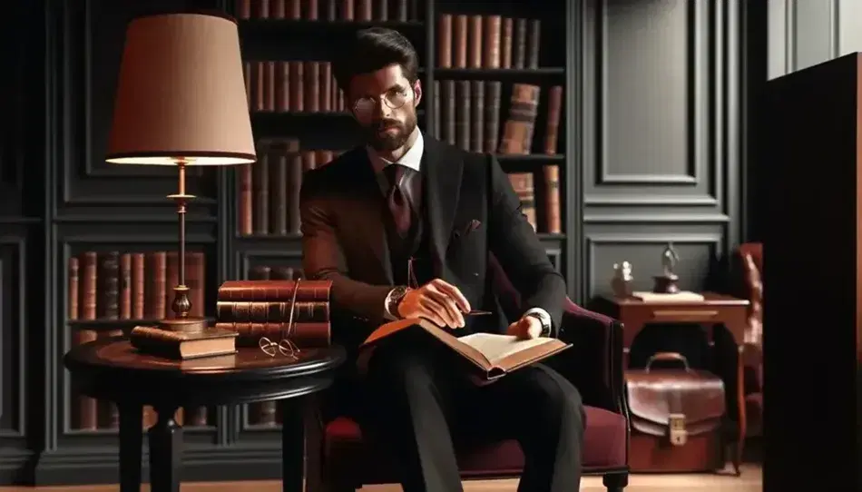 Uomo elegante con barba e occhiali tondi seduto su poltrona bordeaux, tiene un libro e gestisce spiegazione, tavolino con oggetti e libreria sullo sfondo.