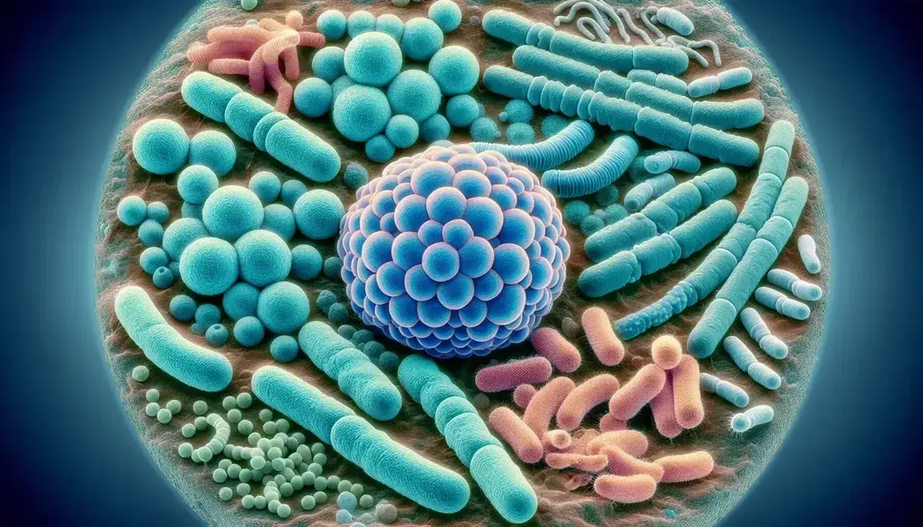Vista microscópica de bacterias variadas teñidas: cocos azules en formación de racimo, bacilos verdes en cadena, espiroquetas rosas en espiral y vibrios amarillos aislados.