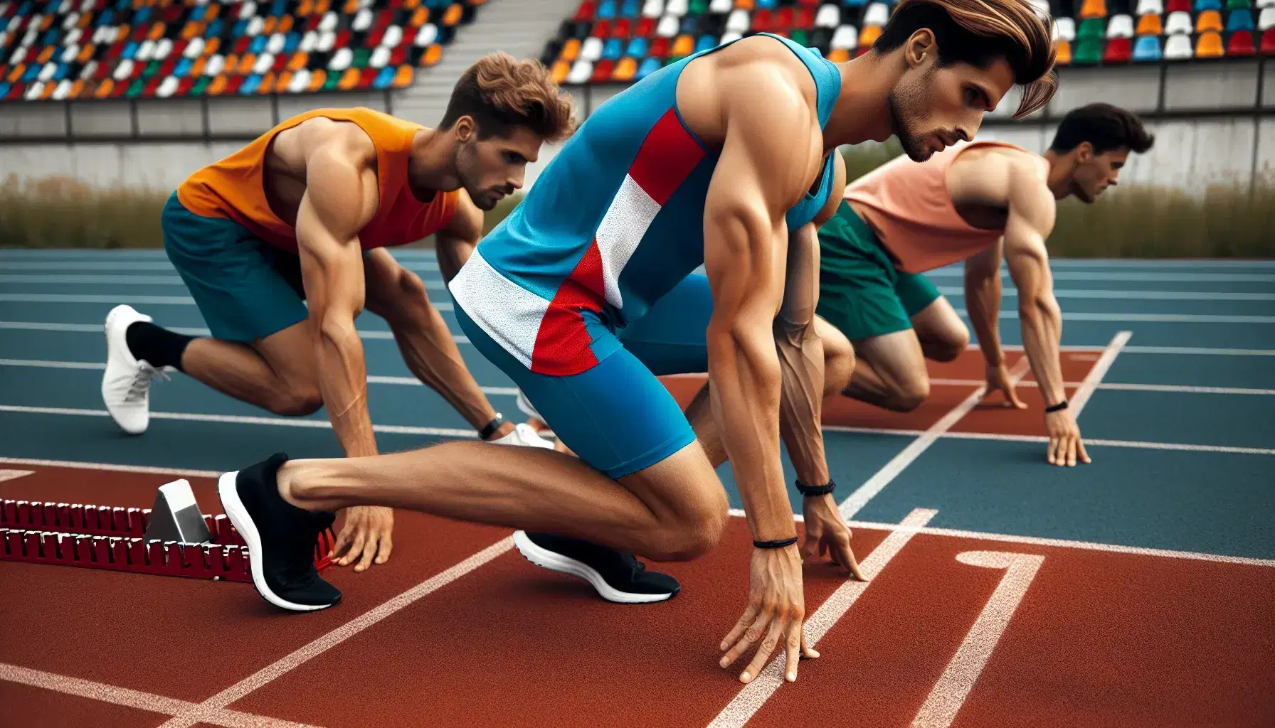 Atletas masculinos en pista de atletismo preparándose para competir, uno en posición de salida y otro estirando, con cielo despejado de fondo.