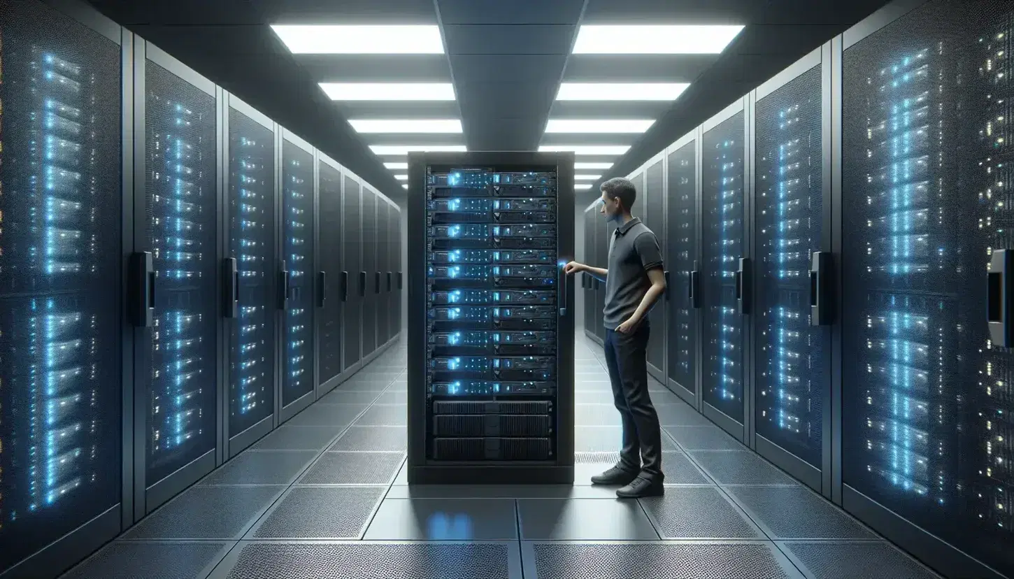 Technician in gray polo shirt and jeans works on servers in modern data center with blue LED lights, tidy cables and raised floor for cooling.