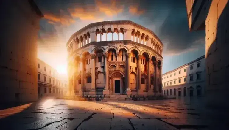 Vista frontale del Mausoleo di Diocleziano trasformato in Cattedrale di San Doimo a Spalato, illuminato dal sole al tramonto con cielo sfumato blu-arancio.