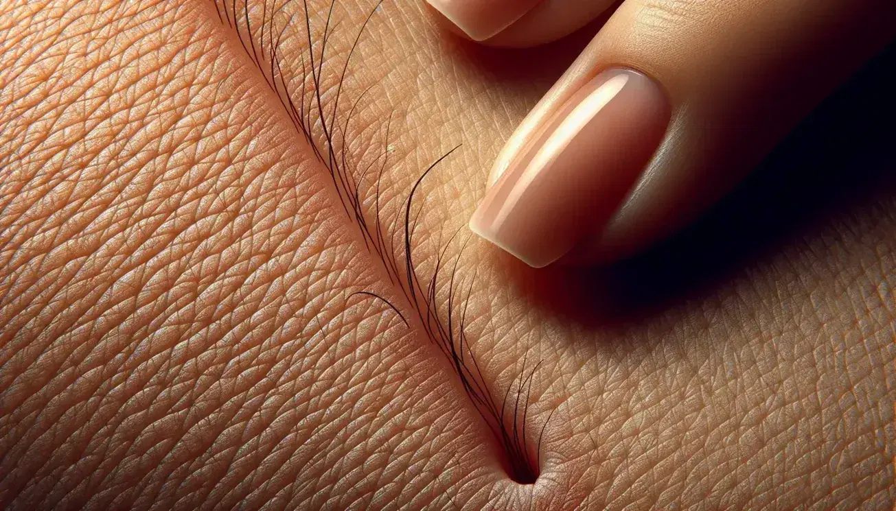 Primer plano de piel humana con textura y poros visibles, cabello oscuro emergiendo de su folículo y uña natural y cuidada.