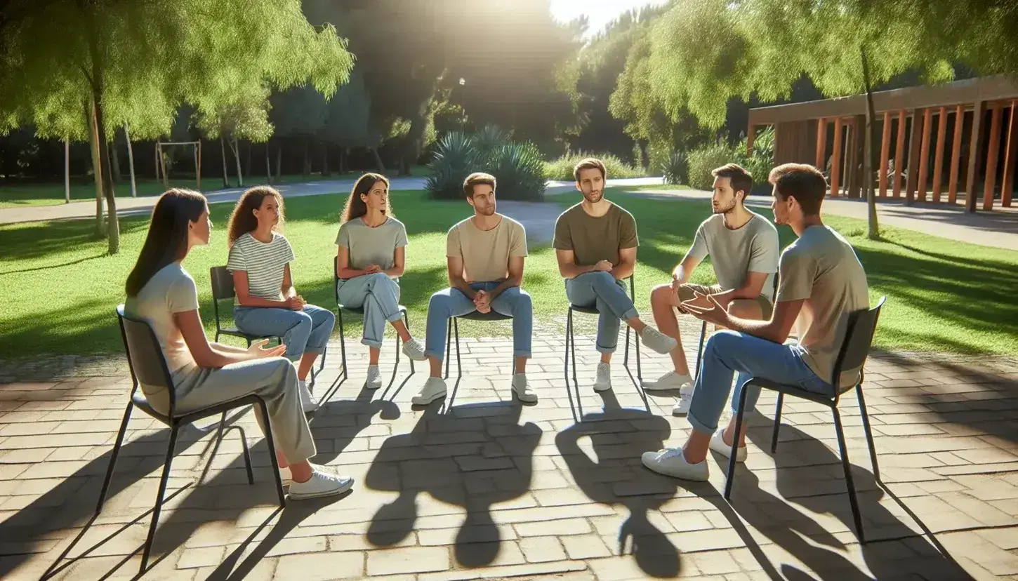 Grupo de cinco personas sentadas en círculo en un parque soleado, atentas a un compañero que gesticula al hablar, en un ambiente relajado y natural.