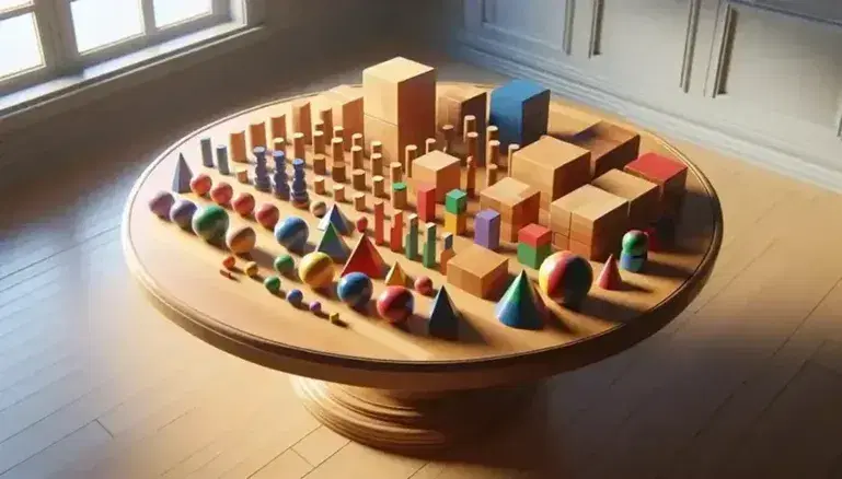 Rectangular wooden table with colorful blocks in various shapes, including cubes, spheres and cones, in a naturally lit room.