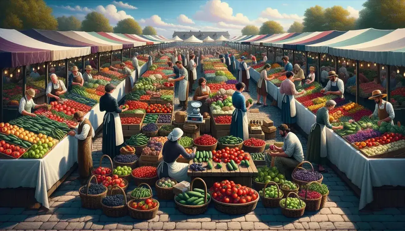 Vibrant farmers' market with colorful produce on wooden tables, vendors interacting with diverse customers under clear blue skies.