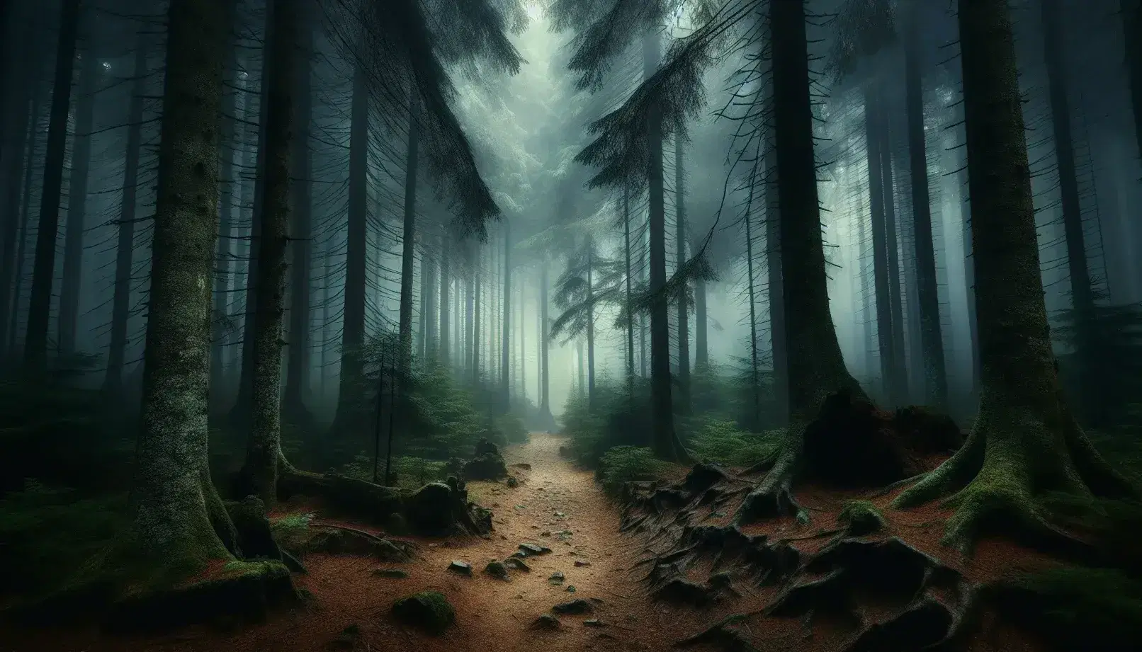 Sentiero tortuoso in una foresta nebbiosa con alberi alti e foglie scure, che evoca un'atmosfera misteriosa e isolata.