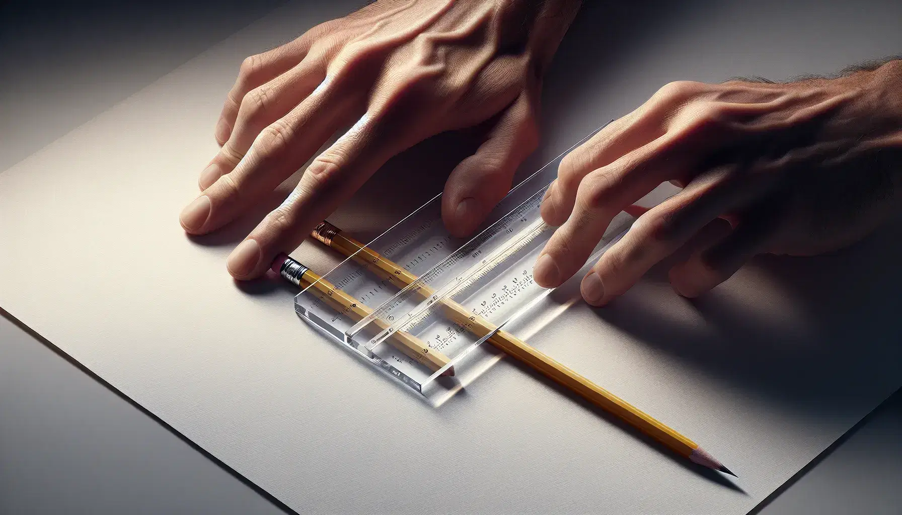 Hands measuring the length of a yellow pencil with a pink eraser using a transparent ruler on a white sheet.