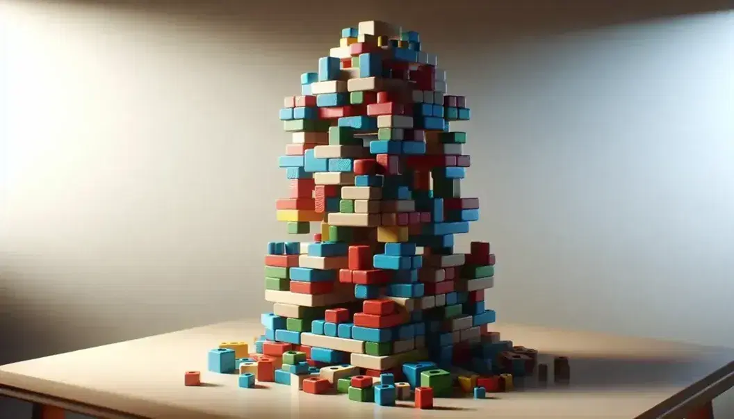 Torre di blocchi di legno colorati impilati in ordine decrescente su superficie chiara con ombre morbide che evidenziano la tridimensionalità.