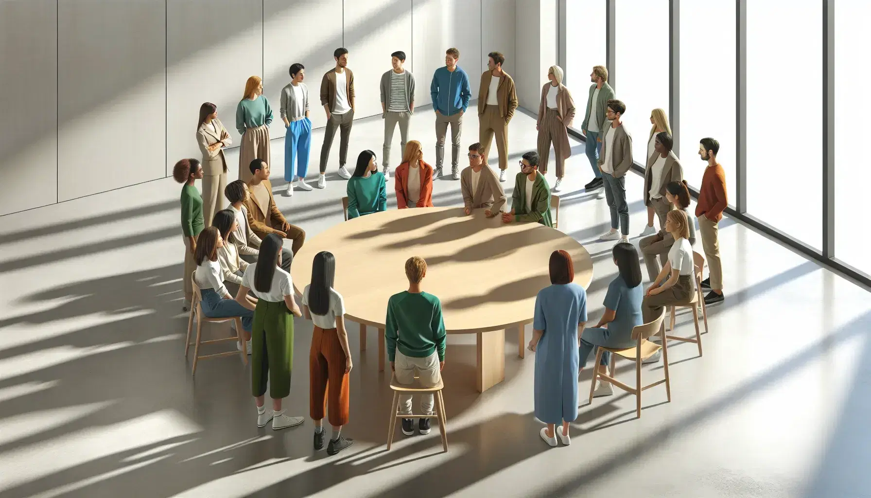 Grupo diverso de personas en animada conversación alrededor de una mesa redonda en un espacio amplio y luminoso, vestidos con ropa casual y colores armoniosos.
