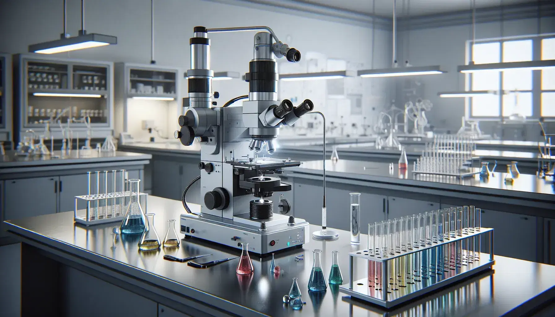 Laboratorio di chimica con microscopio elettronico su tavolo, provette con liquidi colorati e strumenti di vetro su banco lavoro.