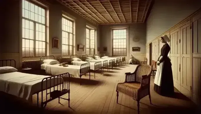 19th century hospital ward with iron beds, nurse and patient, simple furniture and natural light from large windows.