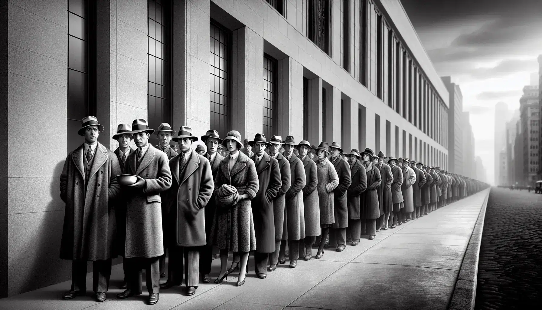 Row of people in 1930s clothes wait patiently outside a classic building, man with empty bowl and woman with bundle.