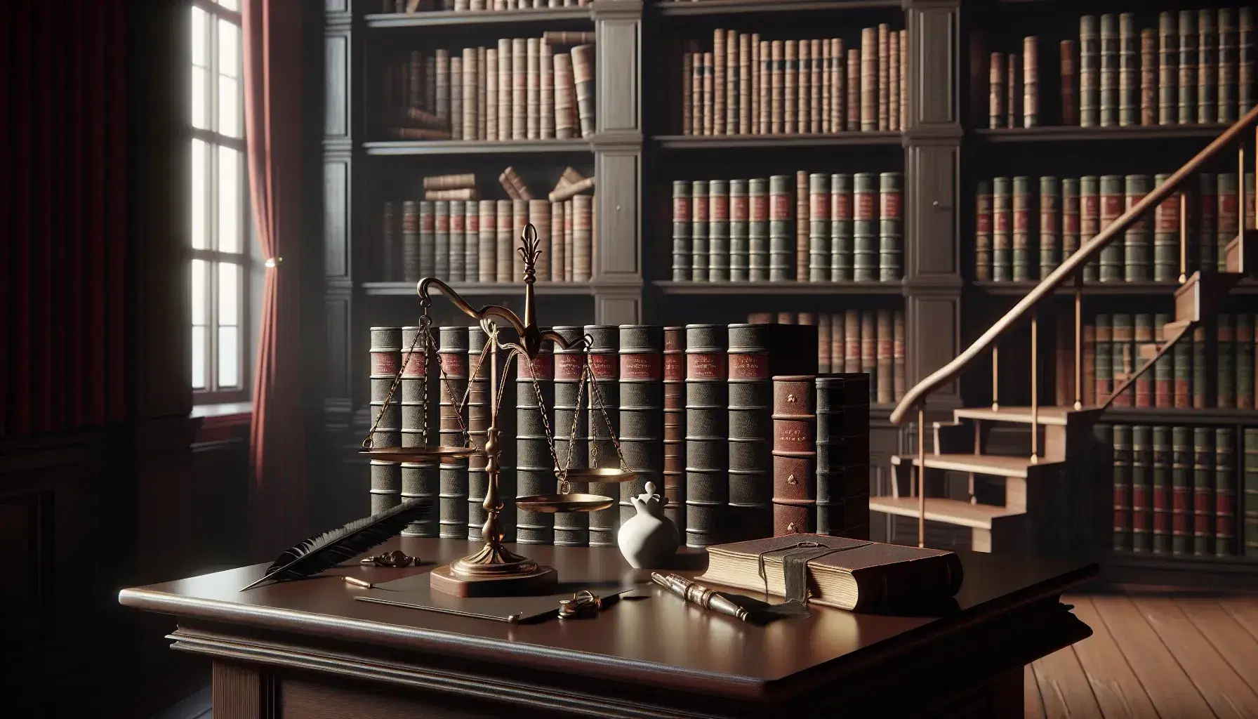 Biblioteca clásica con estanterías de madera oscura llenas de libros encuadernados en cuero, balanza de justicia de bronce en equilibrio sobre mesa y pluma sobre tintero.