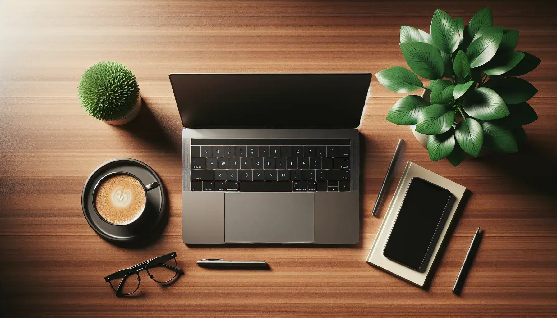 Organized desk with open laptop, green plant, cup of steaming coffee and black glasses on light brown wooden surface.