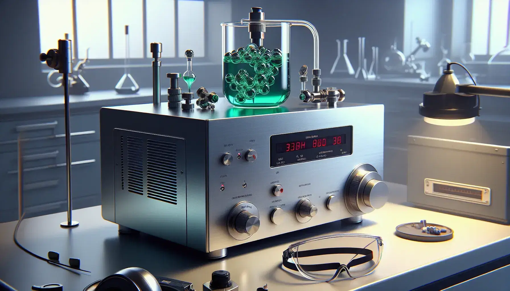 Modern laboratory with metal spectrometer connected to emerald green gas container via transparent tube, black gloves and safety glasses on the left.