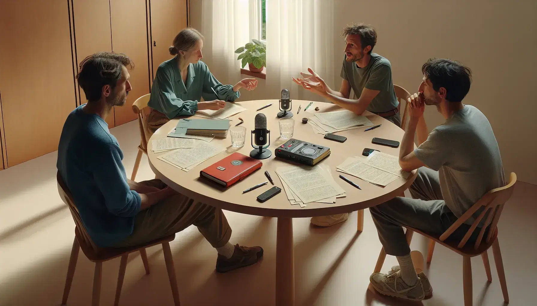 Tres profesionales colaborando en una reunión de trabajo, con notas y grabadora sobre mesa redonda en una oficina iluminada naturalmente.