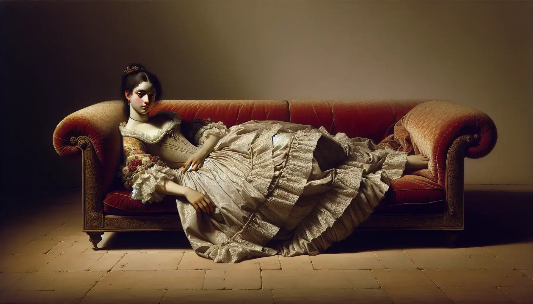 Donna elegante in abito chiaro con dettagli floreali riposa su divano rosso velluto in "La Maja vestita" di Goya, sfondo neutro, luce morbida.