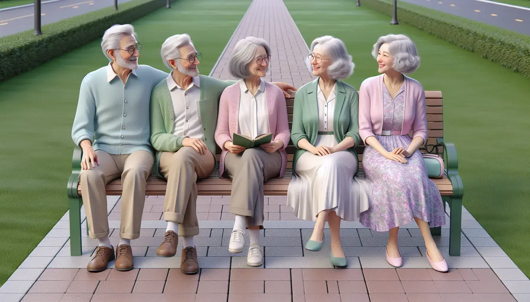 Three seniors enjoying a sunny day on a park bench, with a man conversing, a woman reading, and another observing the serene surroundings.